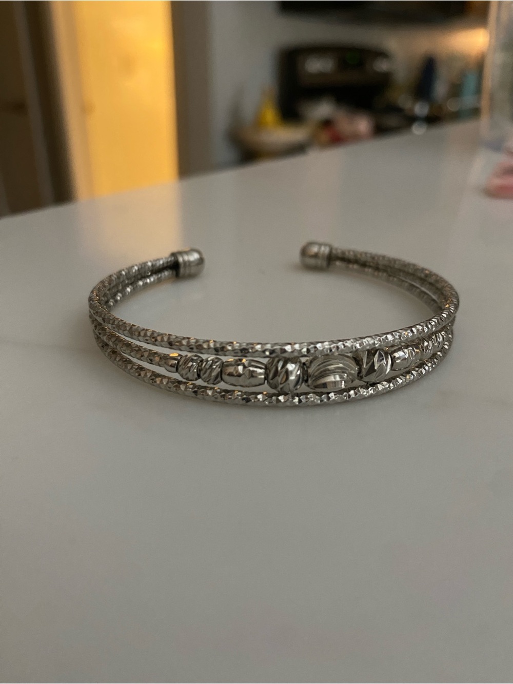 Silver-Tone “Diamond cut” silver bead Cuff Bracelet - Women's Jewelry - Picture 2 of 5